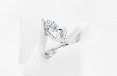 Inspired Collection, Diamond Ring, Jewellery, Jewelry, ring design, contemporary, modern, specialist, Platinum, 18k, 18ct, white gold, marquise cut diamond, spiral, flow, twist, ready to ship, ready to go, 0.51ct, G colour, color, VS1 clarity