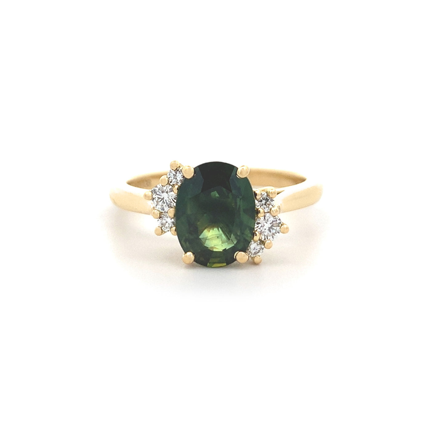 Green Sapphire & Diamond Semi Halo Ring in Yellow Gold | 1.77ct