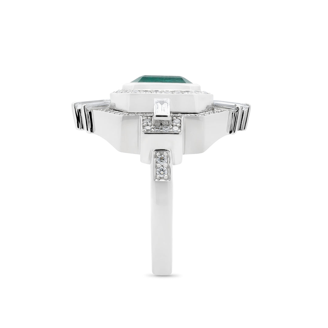 Lady Liberty: Emerald Diamond Halo Ring in Platinum