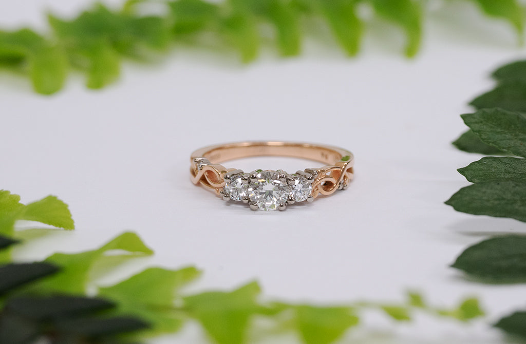 Narrative Collection, Maori, Polynesian, Celtic, diamond engagement ring, ring design, specialist, jewelry, jewellery, diamond, carat, carats, engagement ring, solitaire engagement ring, round cut, brilliant cut, diamond band, 18k, 18ct yellow gold, platinum, platinum setting, Traces, three stone