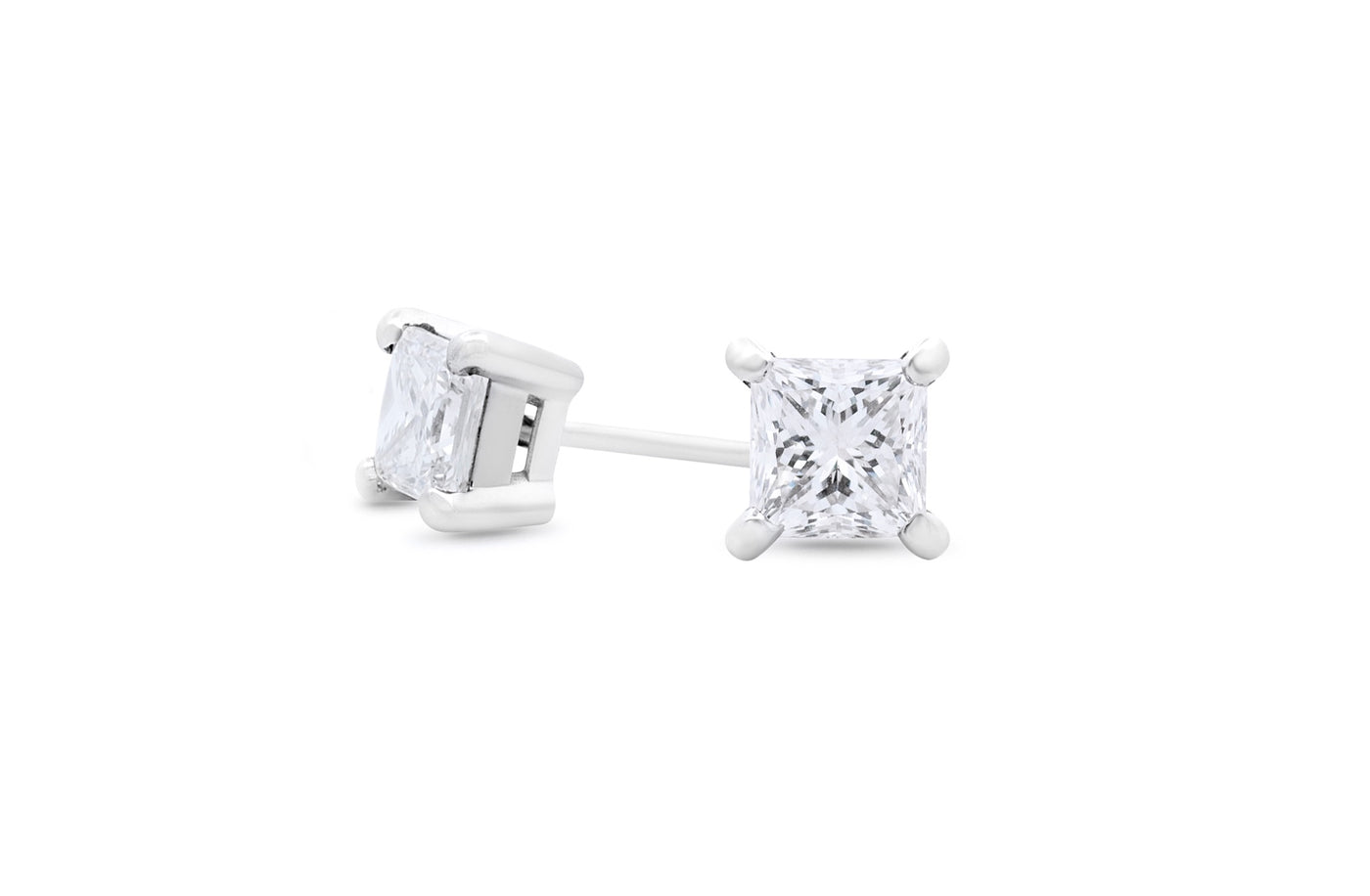 Classic Princess Cut Diamond Claw Set Stud Earrings in 14ct white gold