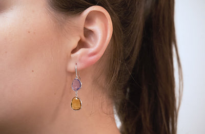 Amethyst and Citrine Polki Drop Earrings in Gold | 14.20ctw