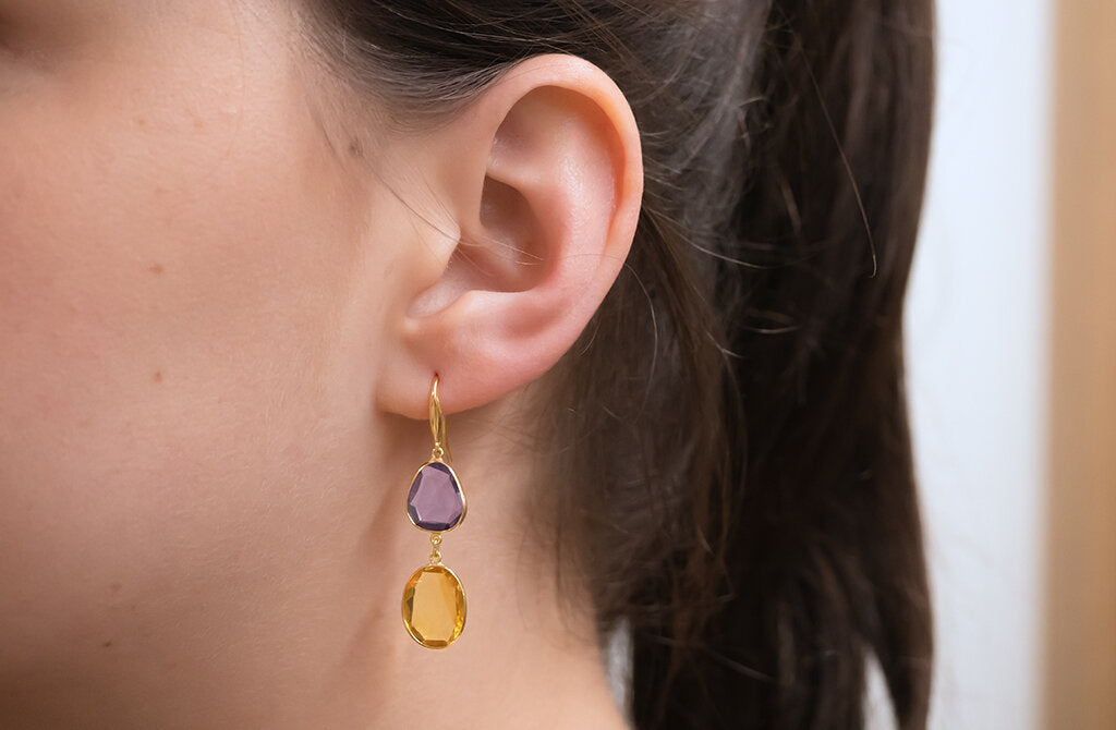 Amethyst and Citrine Polki Drop Earrings in Gold | 14.20ctw