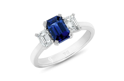 Blue Sapphire and Diamond Three Stone Ring