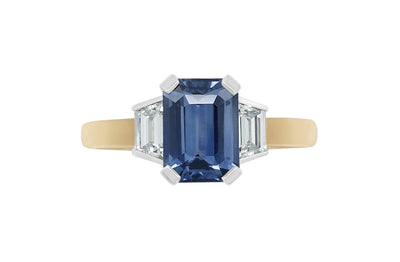 Nila: Blue Sapphire and Trapezoid Diamond Three Stone Ring