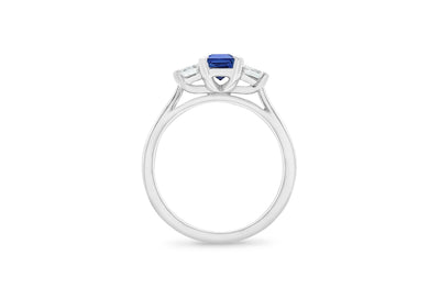 Blue Sapphire and Diamond Three Stone Ring