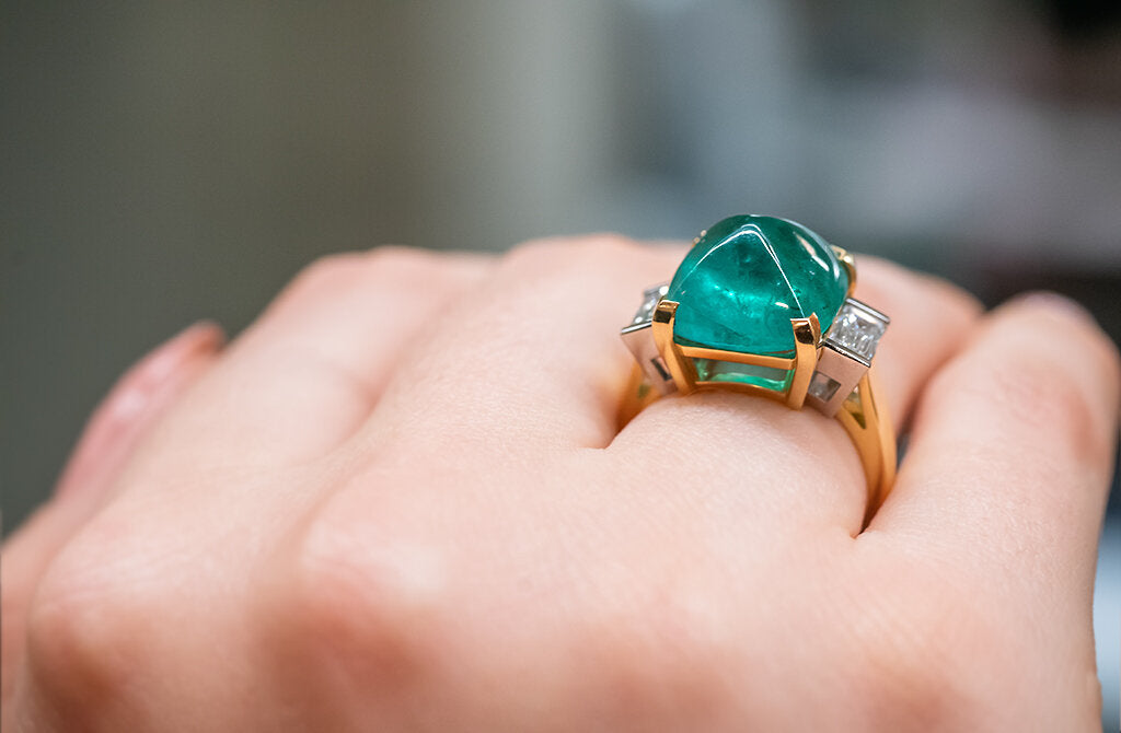 Cabochon Emerald and Diamond Three Stone Ring The Village Goldsmith