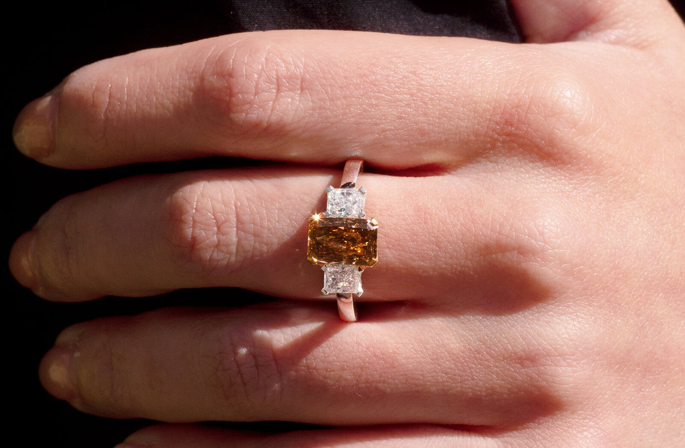 Cognac Diamond and Diamond Three Stone Ring