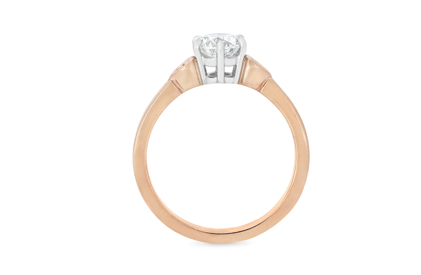 Narrative Collection, Maori, Polynesian, Celtic, diamond solitaire engagement ring, , ring design, specialist, jewelry, jewellery, koru heart band details, shoulder diamonds, 18k, 18ct rose gold, Raumati