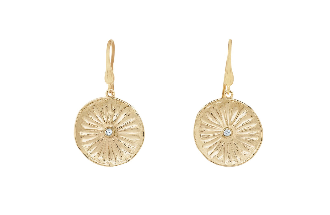 Textured Flower Diamond Set Disc Earrings in Yellow Gold | 0.05ctw