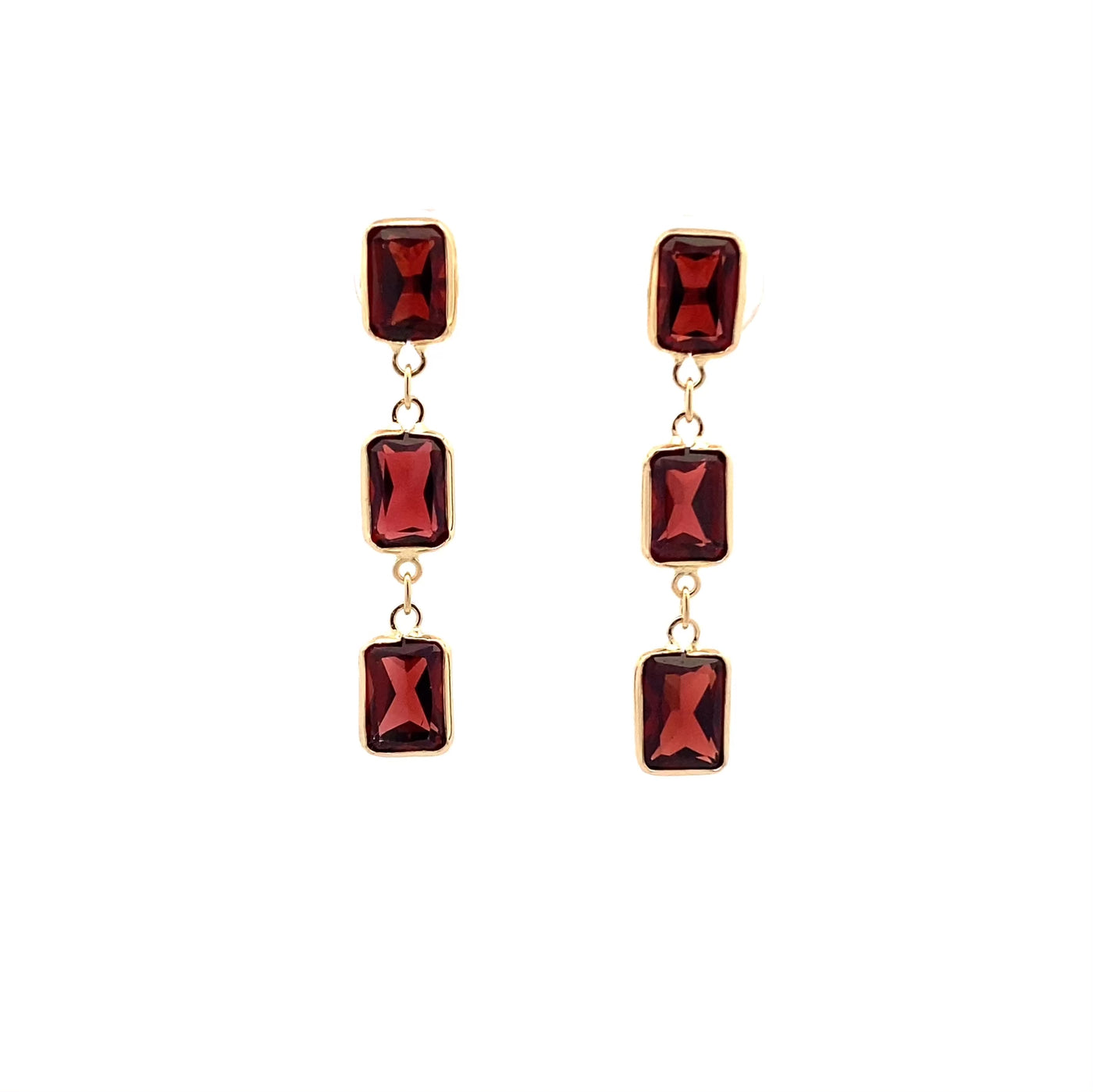 Triple Drop Garnet Earrings in Yellow Gold | 7.00ctw