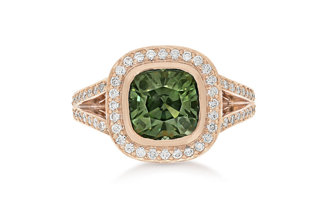 Green Sapphire and Diamond Rose Gold Cluster Ring