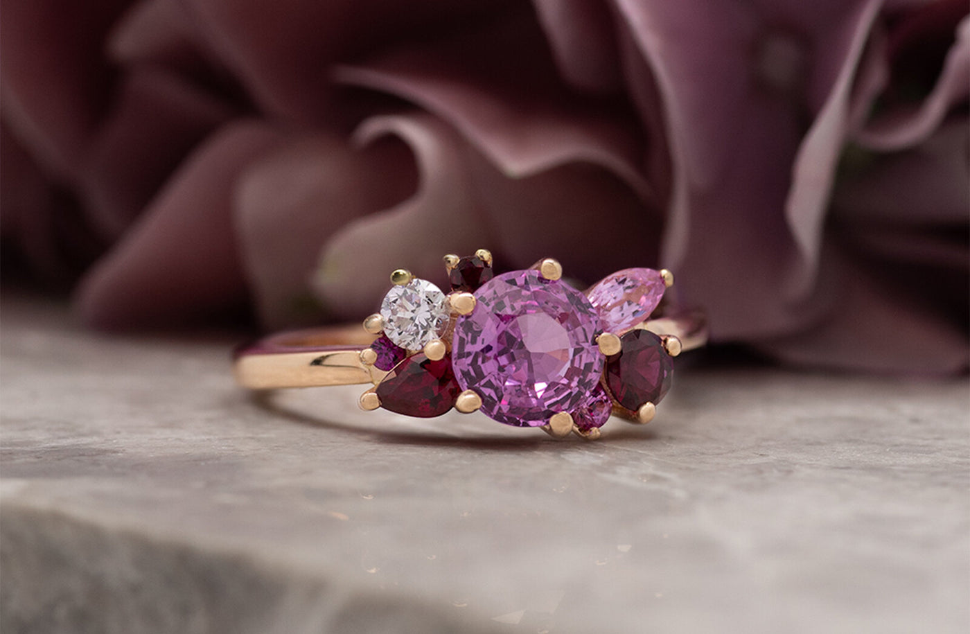 Rosebud: Pink Sapphire, Ruby and Diamond Cluster Ring