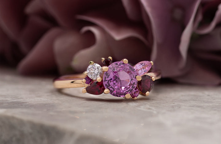 Rosebud Pink Sapphire Ruby and Diamond Cluster Ring The Village Goldsmith
