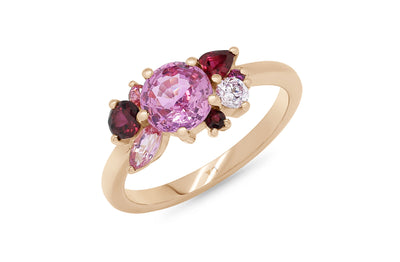 Rosebud: Pink Sapphire, Ruby and Diamond Cluster Ring