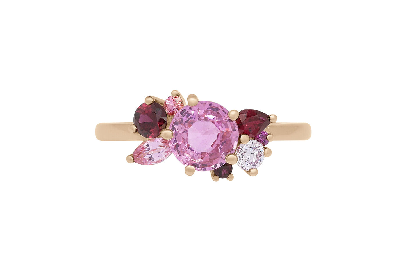 Rosebud: Pink Sapphire, Ruby and Diamond Cluster Ring