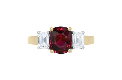 Vermilion: Cushion Cut Ruby and Emerald Cut Diamond Three Stone Ring