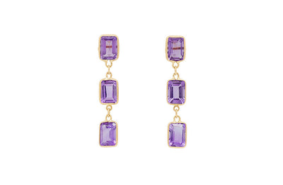 Triple Drop Amethyst Earrings in Yellow Gold | 5.60ctw