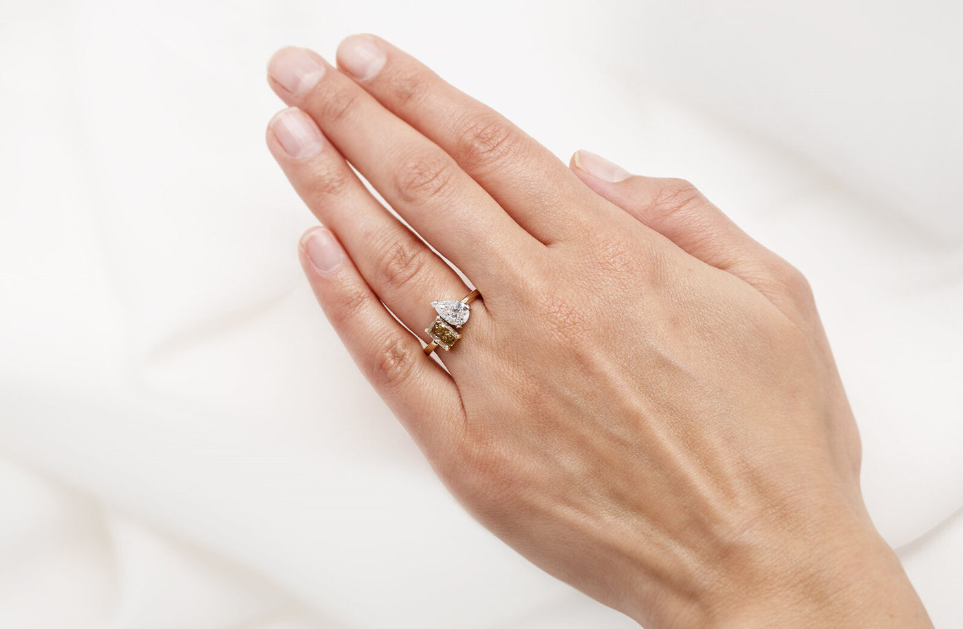 Caline: Cognac Radiant Diamond and Pear Cut Diamond Ring