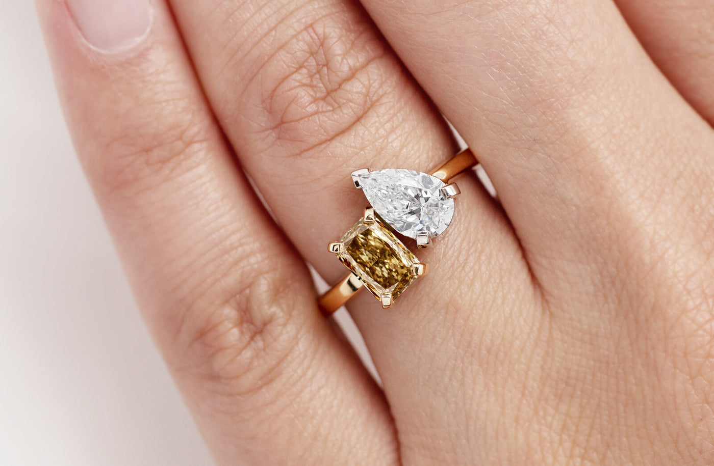 Caline: Cognac Radiant Diamond and Pear Cut Diamond Ring