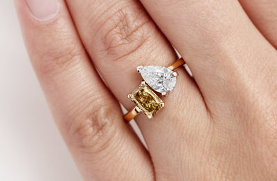 Caline: Cognac Radiant Diamond and Pear Cut Diamond Ring